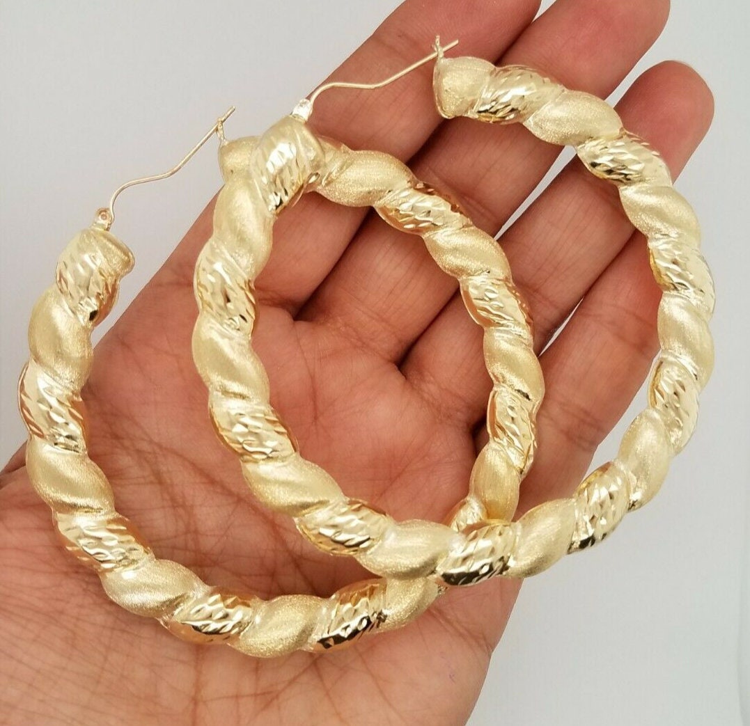 10K Yellow Gold 10 MM Round Diamond Cut Hoops Earrings 3 - Etsy Israel