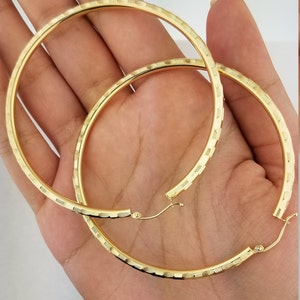 14k Yellow Gold Diamond Cut 3MM Round Hollow Hoop Earrings Snap Closure Thick Lightweight Extra Large Classic Hoops 2.5 Inches
