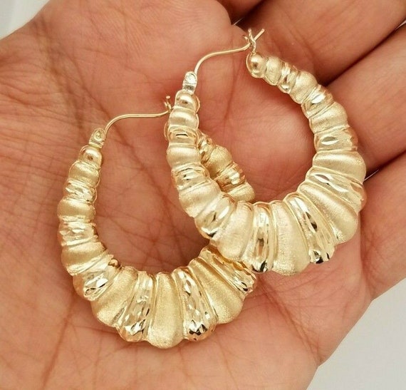 10K Yellow Gold 5.4 MM Shrimp Oval Hoop Earrings 1.3 Inches 33 MM