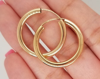 14k Yellow Gold 3 MM Thick Lightweight Small Classic Endless Hoop Earrings 1 Inches/ 25 MM 1.5 Grams