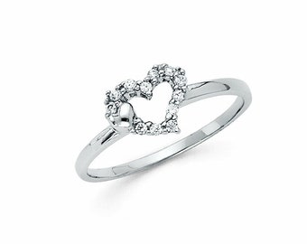 14K Solid White Gold Heart Ring Cubic Zirconia Valentines Engagement Promise Ring for Women 0.20 CT