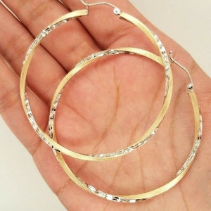 14K Yellow White Gold 2.5 MM Hoop Earrings 2.2 Inches Diamond Cut Twisted Satin Two Tone Hoops Fancy For Women