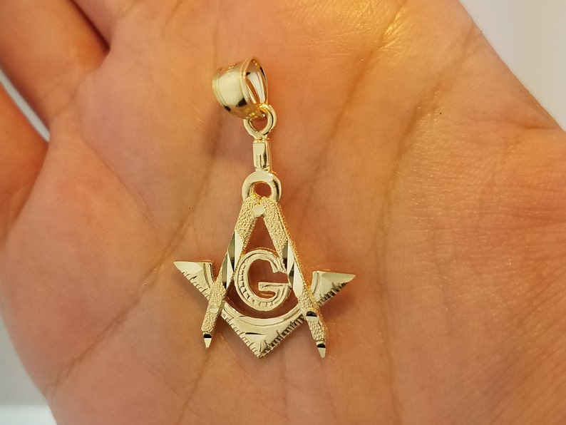 14K Solid Yellow Gold Masonic Pendant Charm Mason Freemason Necklace 0.6 MM Box Chain image 2