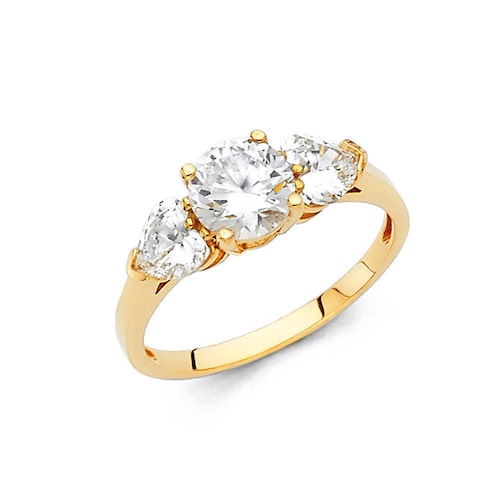 14K Solid Yellow Gold CZ Cubic Zirconia Three Stone Engagement Ring 