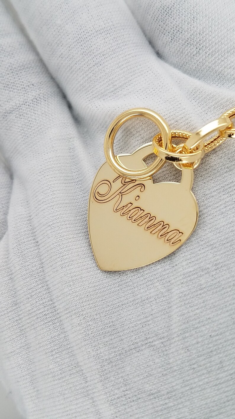 14k Solid Yellow Gold Heart Charm Tag Bracelet Rolo Oval Link Etsy UK