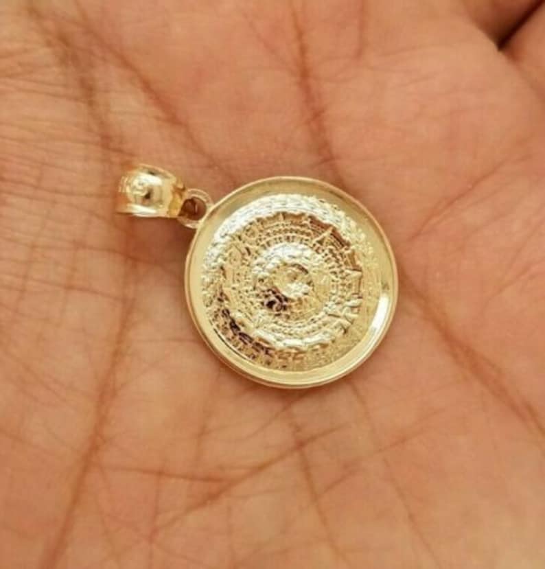 14K Yellow Gold Aztec Calendar Pendant Sun Medal Necklace Etsy