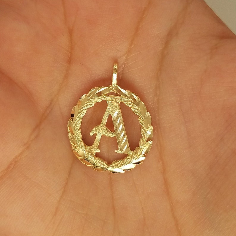 14K Yellow Gold Initial Letter Pendant Charm Alphabet Charm Round Leaves Custom Personalized With 0.6 MM Box Chain