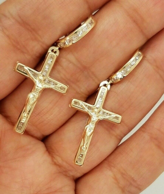 10k Yellow Gold 0.50 CT Round Huggie Dangle Jesus Christ Cross