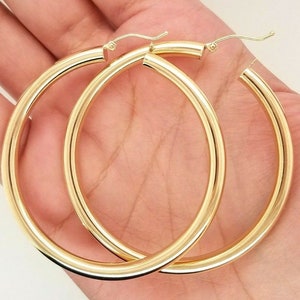 14k Yellow Gold 3.9MM Round Hollow Hoop Earrings Snap Closure Thick Lightweight Large Classic Hoops 2 Inches 5.6 Grams