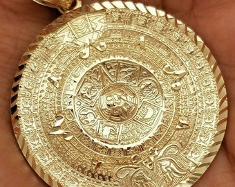 14K Gelbgold Azteken Kalender Anhänger - Sun Medal Halskette Charm - Calendario Azteca Anhänger Diamantschliff Klein 40 MM/ 1,5 Zoll 12 Gramm