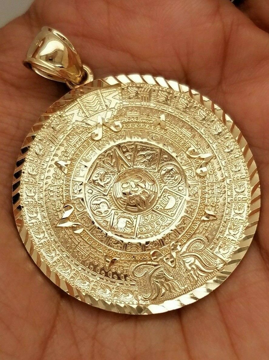 14K Yellow Gold Round Aztec Mayan Calendar Charm Pendant Choice of Pendant Size 