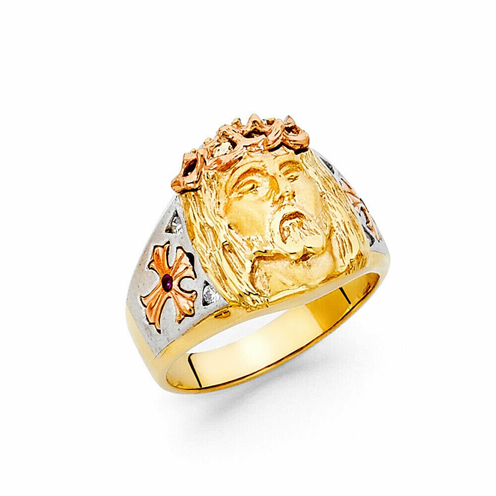 14K Yellow Gold Jesus Cross Star Ring Tri color Men s Religious