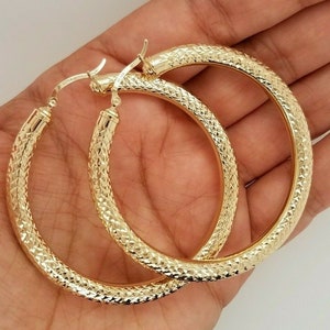 10K Yellow Gold 5 MM Hoop Earrings Diamond Cut 2.2 Inches/ 55 MM Snap Closure 7.6 Grams