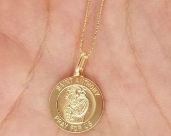 14K Solid Yellow Gold St. Anthony Medal Pendant Charm 15 MM Round Necklace Charm 0.6 MM Box Chain - Engraved, Personalized, Custom