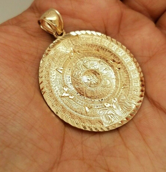 14K Yellow Gold Aztec Calendar Pendant Sun Medal Necklace Charm