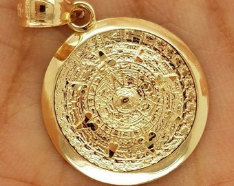 14K Yellow Gold Aztec Calendar Pendant - Sun Medal Necklace Charm - Calendario Azteca Pendant Diamond Cut Small 19 MM/ 0.75 Inches 2.6 Grams