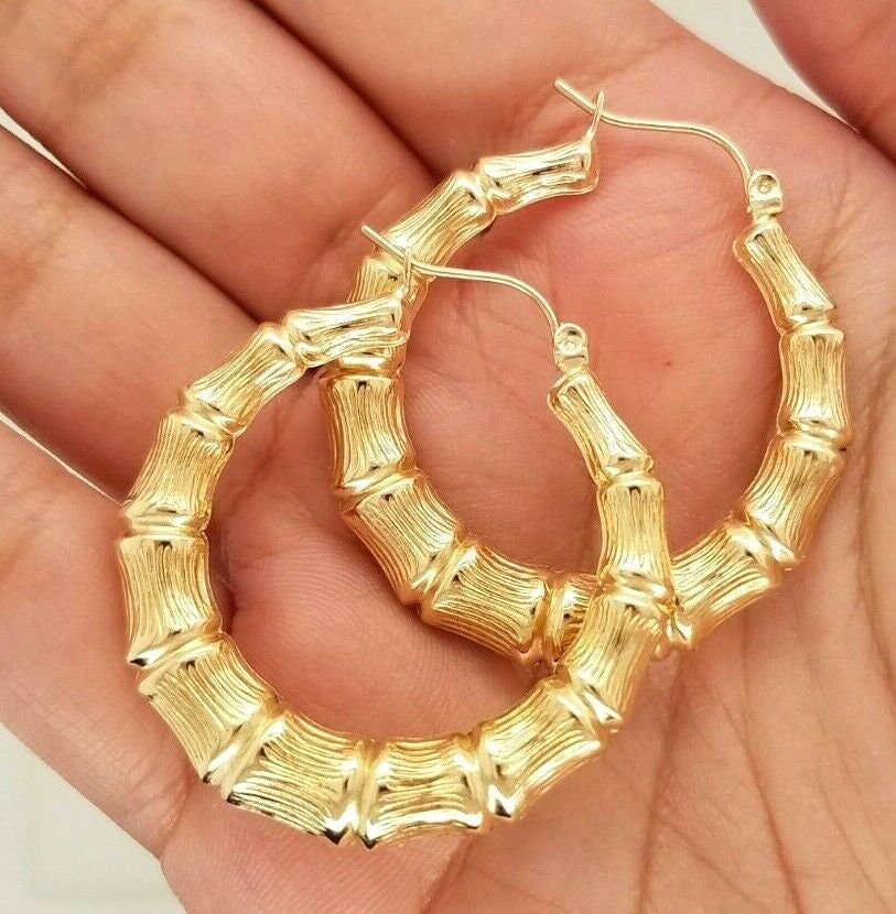 14K Yellow Gold 7 MM Graduated Bamboo Hoop Earrings Diamond 