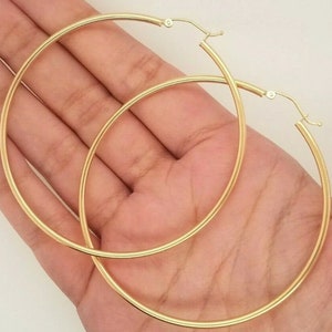 14k Yellow Gold 2MM Thick Lightweight Classic Hoop Earrings 2.5 Inches 65MM Snap Closure For Women, Womens Gold Hoops