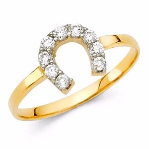 14K Solid Yellow Gold Horse Shoe Ring CZ Cubic Zirconia Engagement Promise