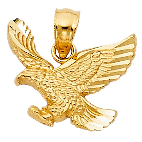 14K Solid Yellow Gold Eagle Pendant Flying Bird Diamond Cut
