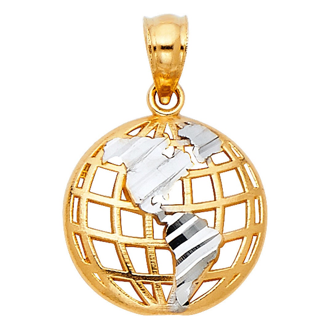 14K Solid Yellow Gold Diamond Cut Two Tone Globe World Earth