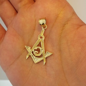 14K Solid Yellow Gold Masonic Pendant Charm Mason Freemason Necklace 0.6 MM Box Chain image 5