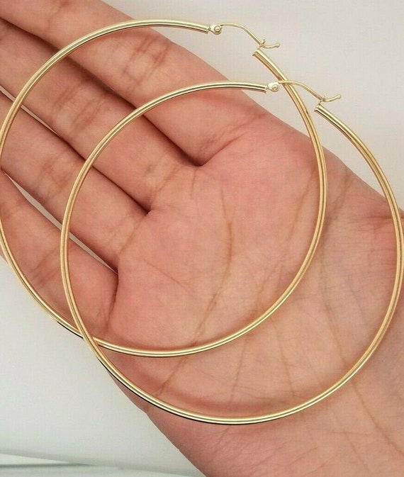 14K Yellow Gold 2MM Round Hoop Earrings Snap Closure 3 Inch Extra