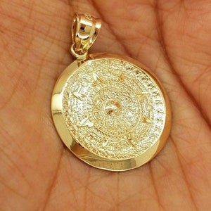 14K Gelbgold Azteken Kalender Anhänger - Sun Medal Halskette Charm - Calendario Azteca Anhänger Diamantschliff Klein 25 MM/ 1 Zoll 3,8 Gramm