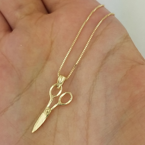 14K Solid Yellow Gold Scissors Pendant Hairstylist Necklace Charm 0.6 MM Box Chain
