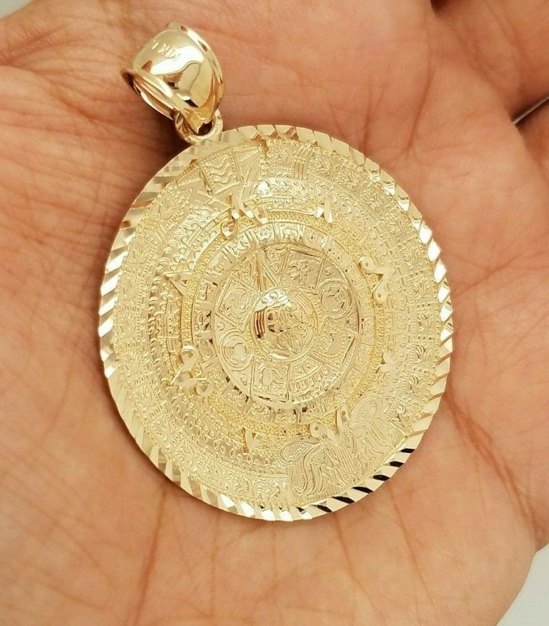 14K Yellow Gold Aztec Calendar Pendant Sun Medal Necklace Charm Calendario Azteca Pendant Diamond Cut Small 40 MM/ 1.5 Inch 12 Grams image 10