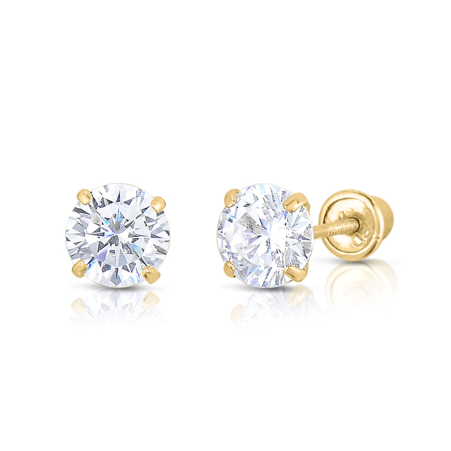 14K Solid Yellow Gold Stud Earrings Basket Set Round Clear CZ Push Back 3mm-8mm