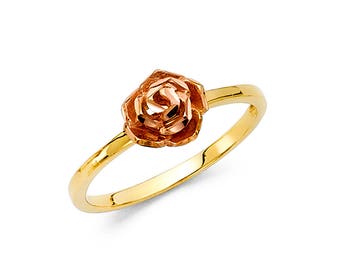 14k Solid Yellow Rose Gold Flower Ring, Cocktail Band Diamond Cut Floral Style Two Tone Rose Flower Ring