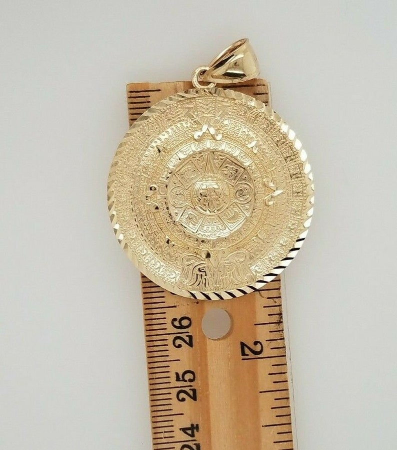 14K Yellow Gold Aztec Calendar Pendant Sun Medal Necklace Charm Calendario Azteca Pendant Diamond Cut Small 40 MM/ 1.5 Inch 12 Grams image 6