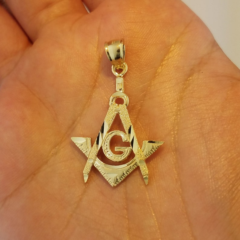 14K Solid Yellow Gold Masonic Pendant Charm Mason Freemason Necklace 0.6 MM Box Chain image 7