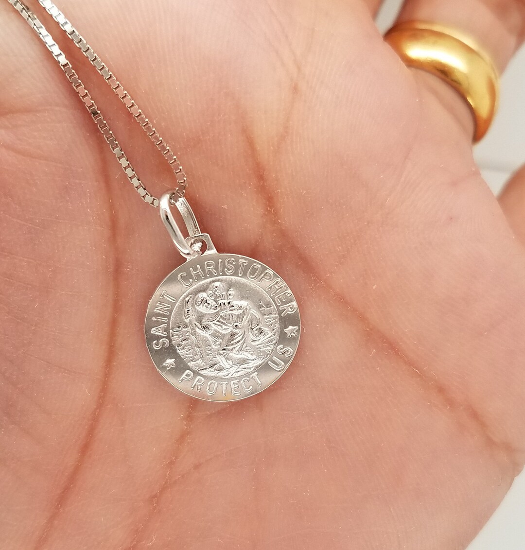 14K Solid White Gold St. Christopher Medal Pendant Charm 12 MM Round 