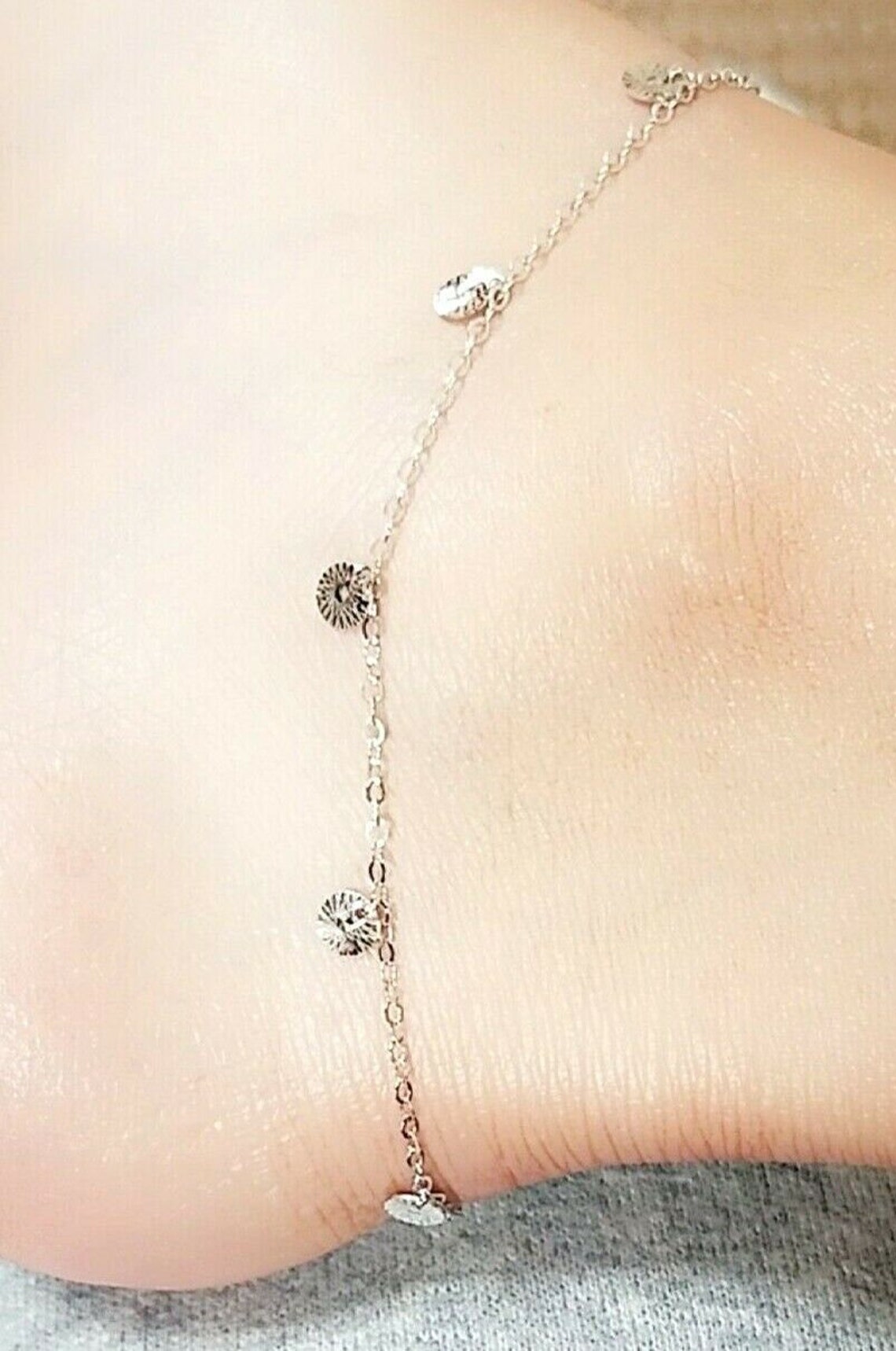 14K White Gold Cable Chain Anklet with Diamond Cut Charms 91 Etsy