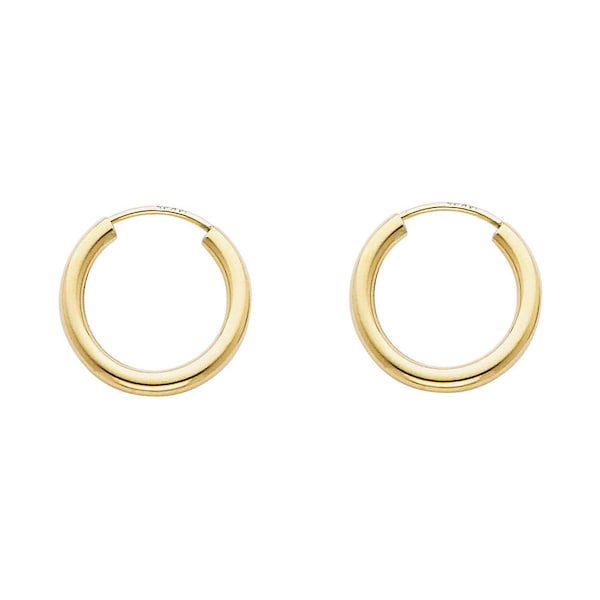 14k Solid Yellow Gold 2MM Thick Lightweight Extra Small Classic Endless Hoop Earrings 0.6 Inches 15MM