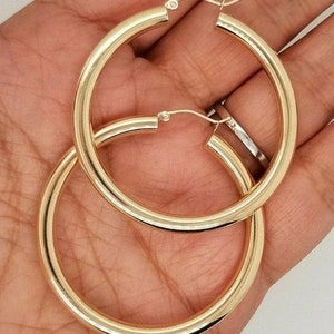 14k Yellow Gold Hoops 4MM 1.75 Inches Thick Classic Hoop Earrings 1.75 Inches/ 45 MM Snap Closure 4.6 Grams