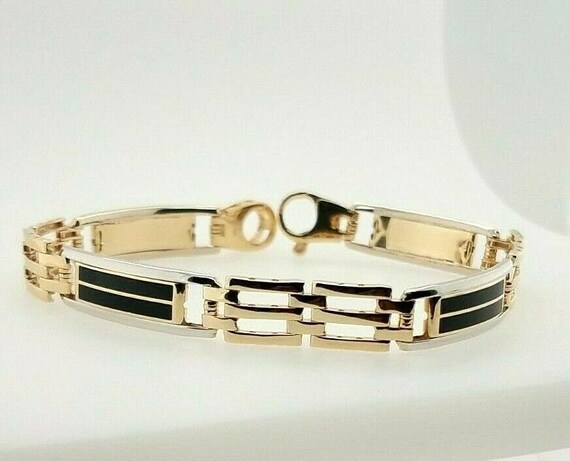 Men's Round Diamond & Onyx Bracelet in 14k Two Tone Gold / Front Jewelers