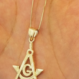 14K Solid Yellow Gold Masonic Pendant Charm Mason Freemason Necklace 0.6 MM Box Chain image 6