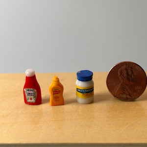 1:12 Scale Miniature Condiments. Ketchup, Mayo, Mustard.