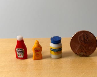 1:12 Scale Miniature Condiments. Ketchup, Mayo, Mustard.