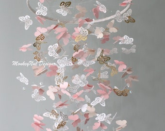 Gold and Pink butterfly mobile/Blush/Champagne/White/Baby shower/Nursery Mobile/Baby Girl Mobile/Girl bedroom Mobile/Nursery Decor/Gift/baby