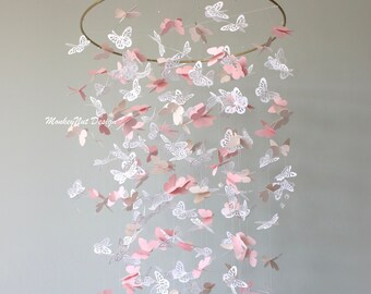 Butterfly Mobile:Pink/Blush/Champagne/Taupe/White/Baby shower/Nursery Mobile/Baby Girl Mobile/Girl bedroom Mobile/Nursery Decor/Gift/Custom.