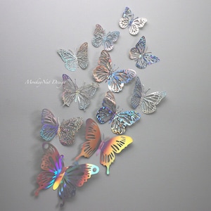Mur métallique holographique 3D brillant, papillons/décoration de chambre de bébé/12 papillons miroir/décalcomanies papillons/chambre de fille/mobile/douche de bébé