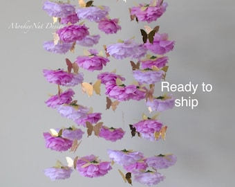 Purple gold PEONY flower mobile/Butterfly mobile/Kids room/baby mobile/Baby shower/Butterfly Crib Mobile/Nursery Decor/Floral nursery mobile