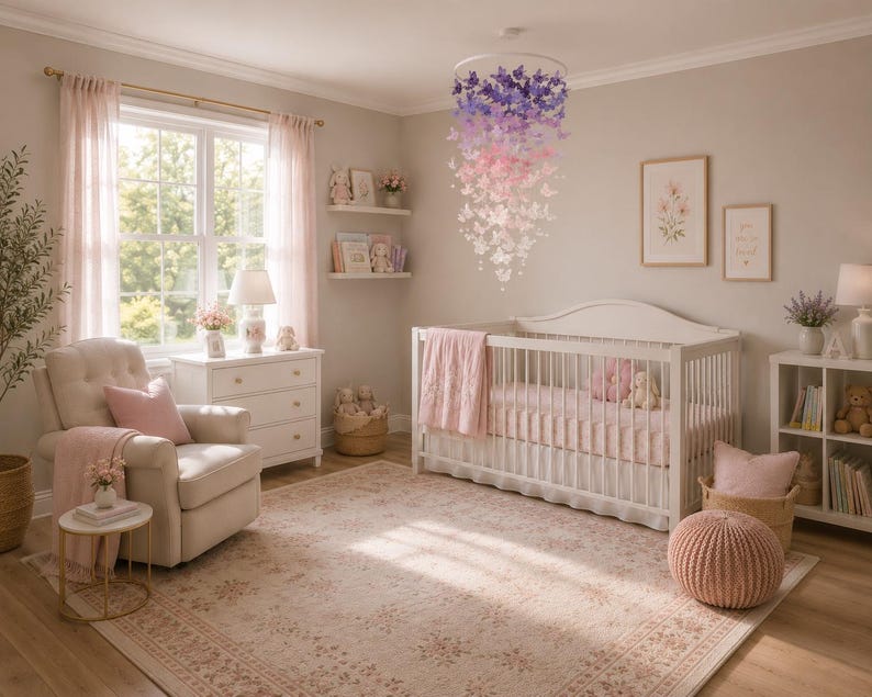 Schmetterlingsmobile in voller Größe/Schmetterlings-Babybettmobile/Lila/Rosa Schmetterlinge/Mädchenzimmer/Babyparty/Kinderzimmerdeko/Kinderzimmermobile/Babyzimmer. Bild 12
