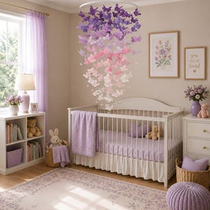 Schmetterlingsmobile in voller Größe/Schmetterlings-Babybettmobile/Lila/Rosa Schmetterlinge/Mädchenzimmer/Babyparty/Kinderzimmerdeko/Kinderzimmermobile/Babyzimmer. Bild 11