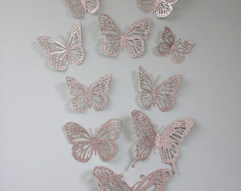 Large Sparkly pale Rose Gold wall Butterflies/12pcs/3D/Nursery decor/ butterflies/butterflies decals/girl bedroom/mobile/baby shower gift