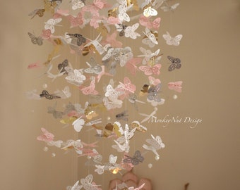 Mobile papillon OR/rose/gris/blanc/Mobile papillon baldaquin/accessoire photo/Baby shower/chambre de bébé/chambre de fille/décor chambre de bébé/douche de bébé/berceau.